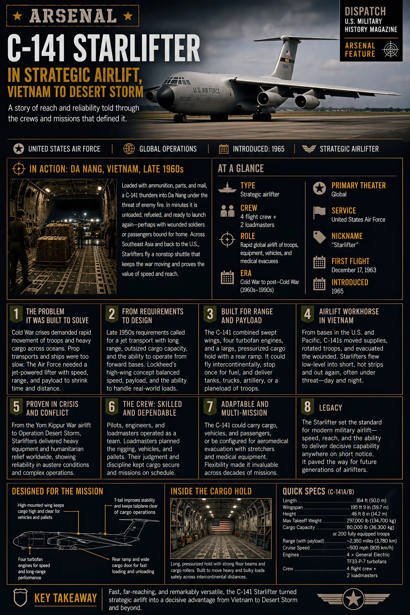 Infographic summarizing C-141 Starlifter in Strategic Airlift, Vietnam to Desert Storm
