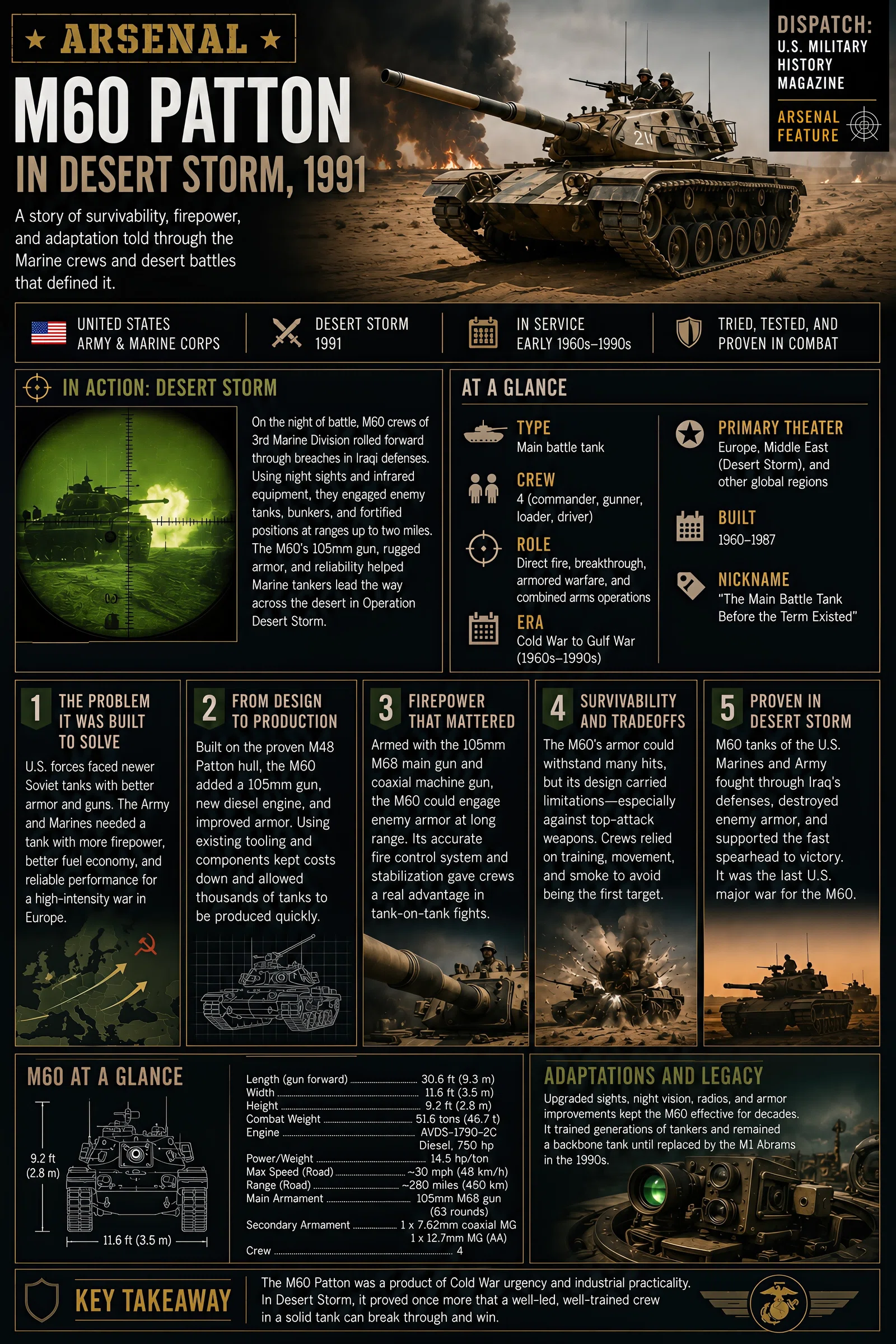 Infographic summarizing Arsenal: M60 Patton in Desert Storm, 1991