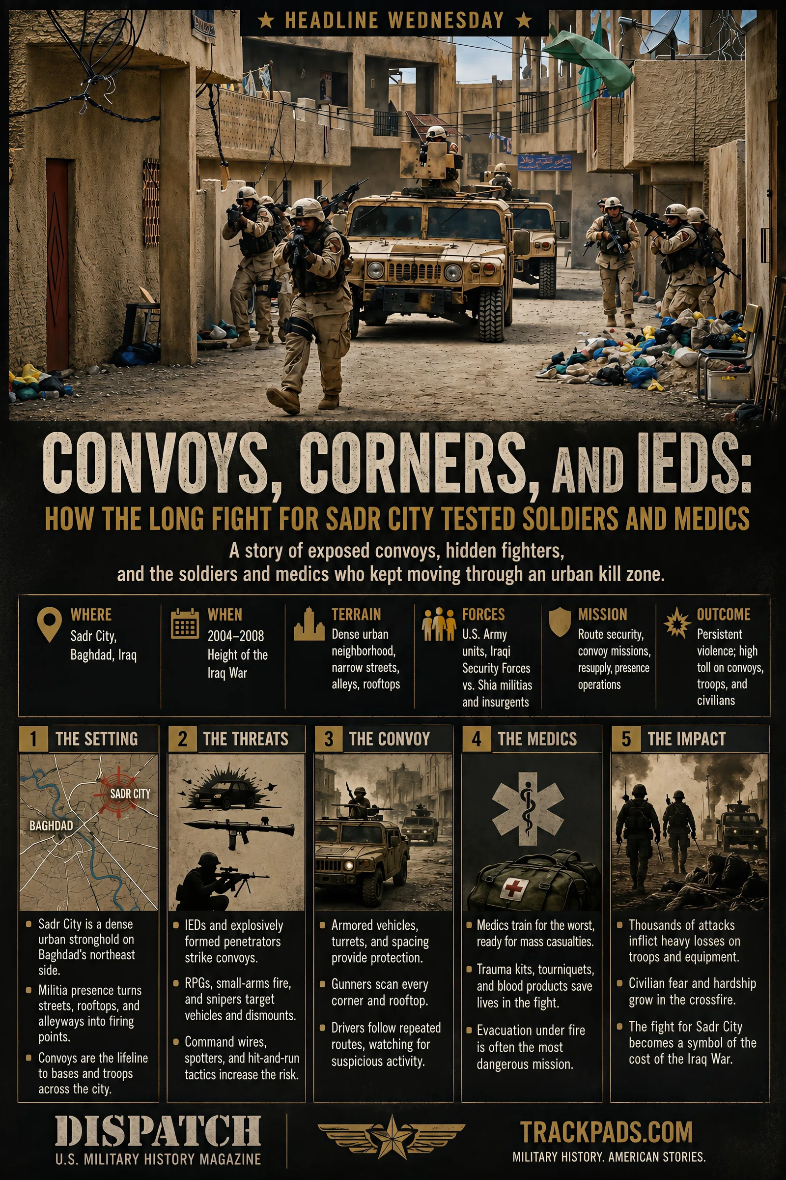 Infographic summarizing Convoys, Corners, and IEDs: How the Long Fight for Sadr City Tested Soldiers and Medics