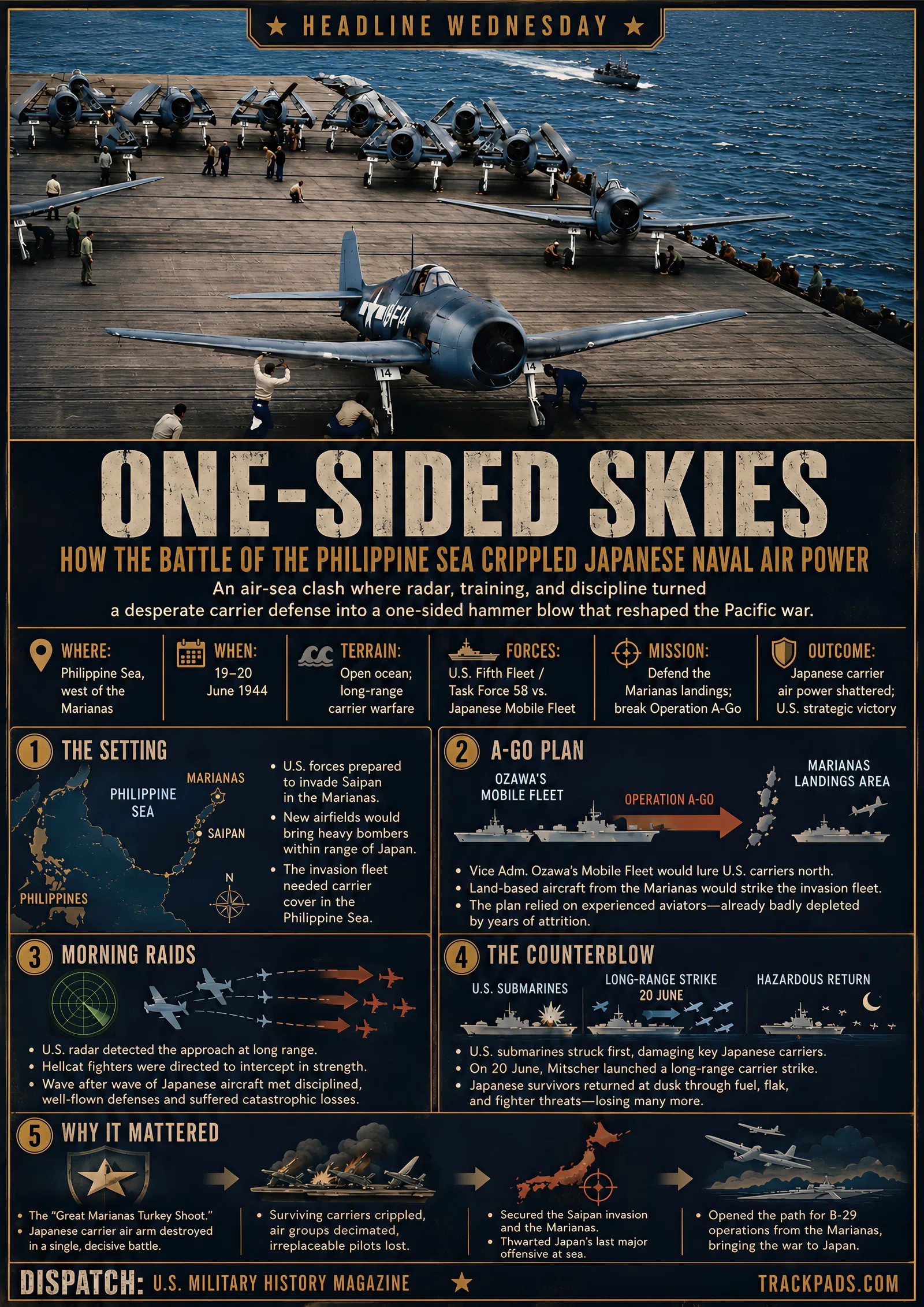 Infographic summarizing One-Sided Skies: How the Battle of the Philippine Sea Crippled Japanese Naval Air Power