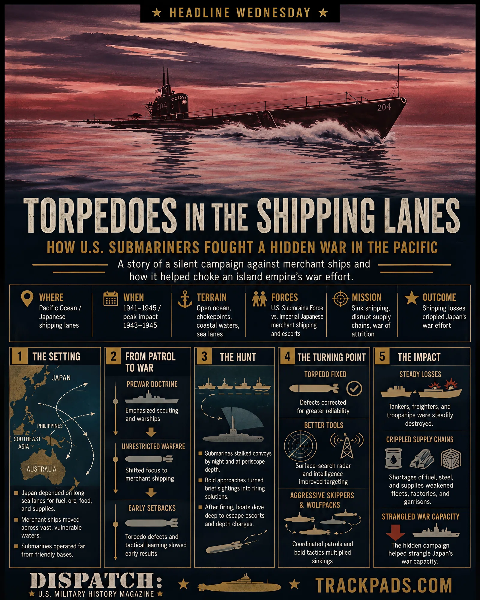 Infographic summarizing Torpedoes in the Shipping Lanes: How U.S. Submariners Fought a Hidden War in the Pacific