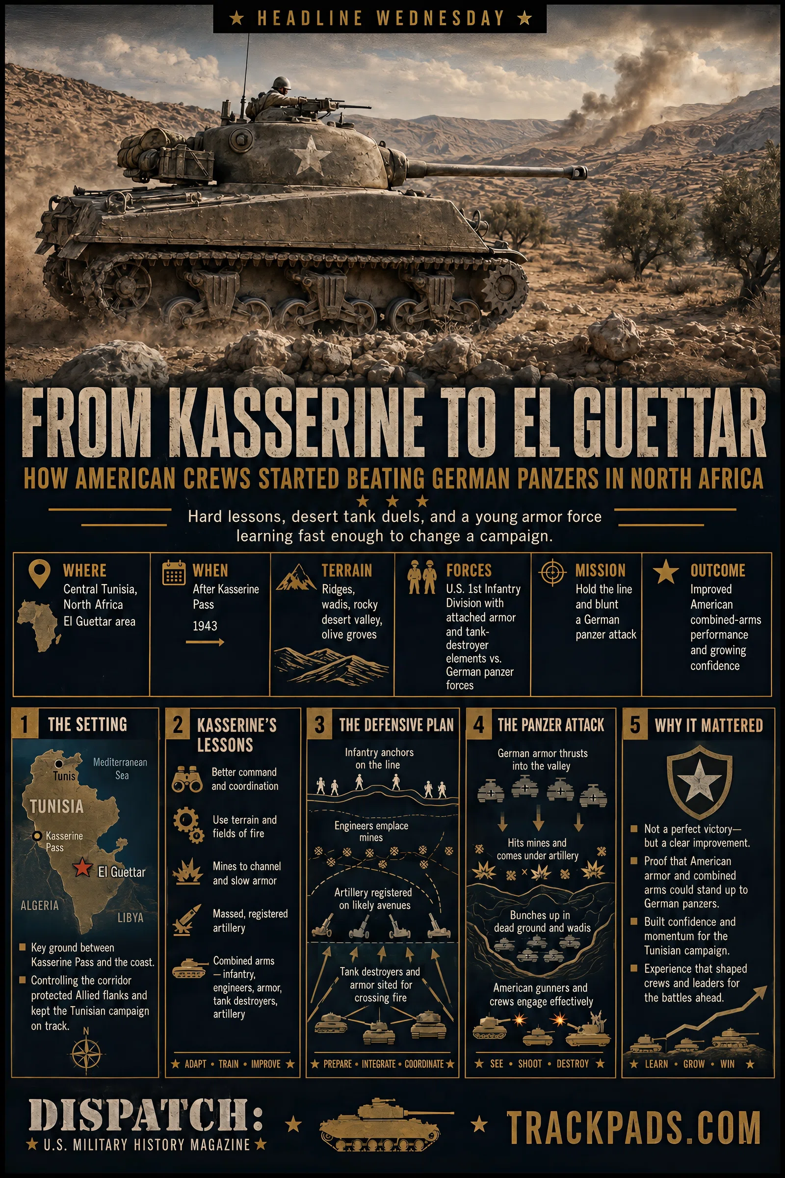 Infographic summarizing From Kasserine to El Guettar: How American Crews Started Beating German Panzers in North Africa