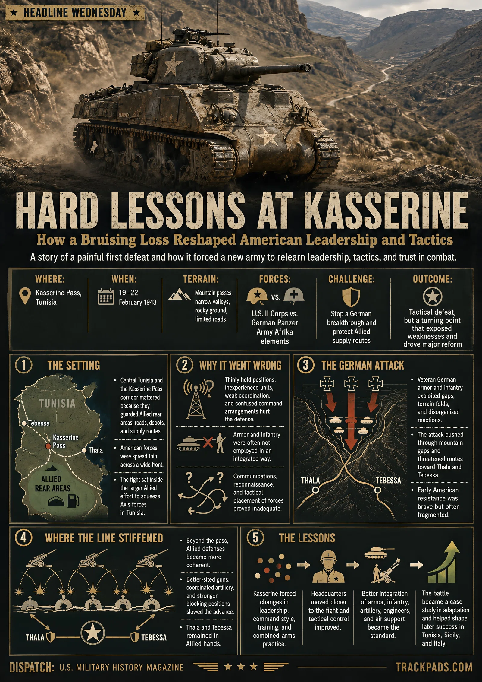 Infographic summarizing Hard Lessons at Kasserine: How a Bruising Loss Reshaped American Leadership and Tactics