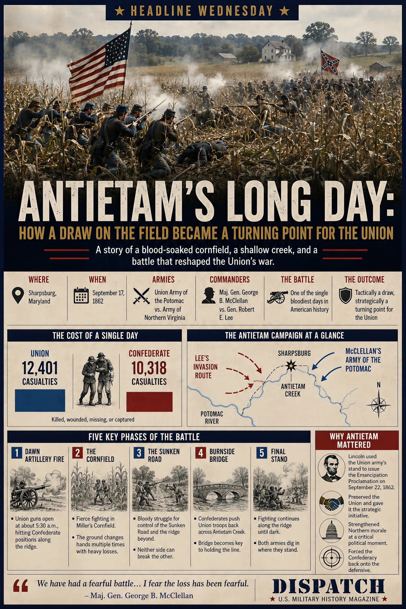 Infographic summarizing Antietam’s Long Day: How a Draw on the Field Became a Turning Point for the Union