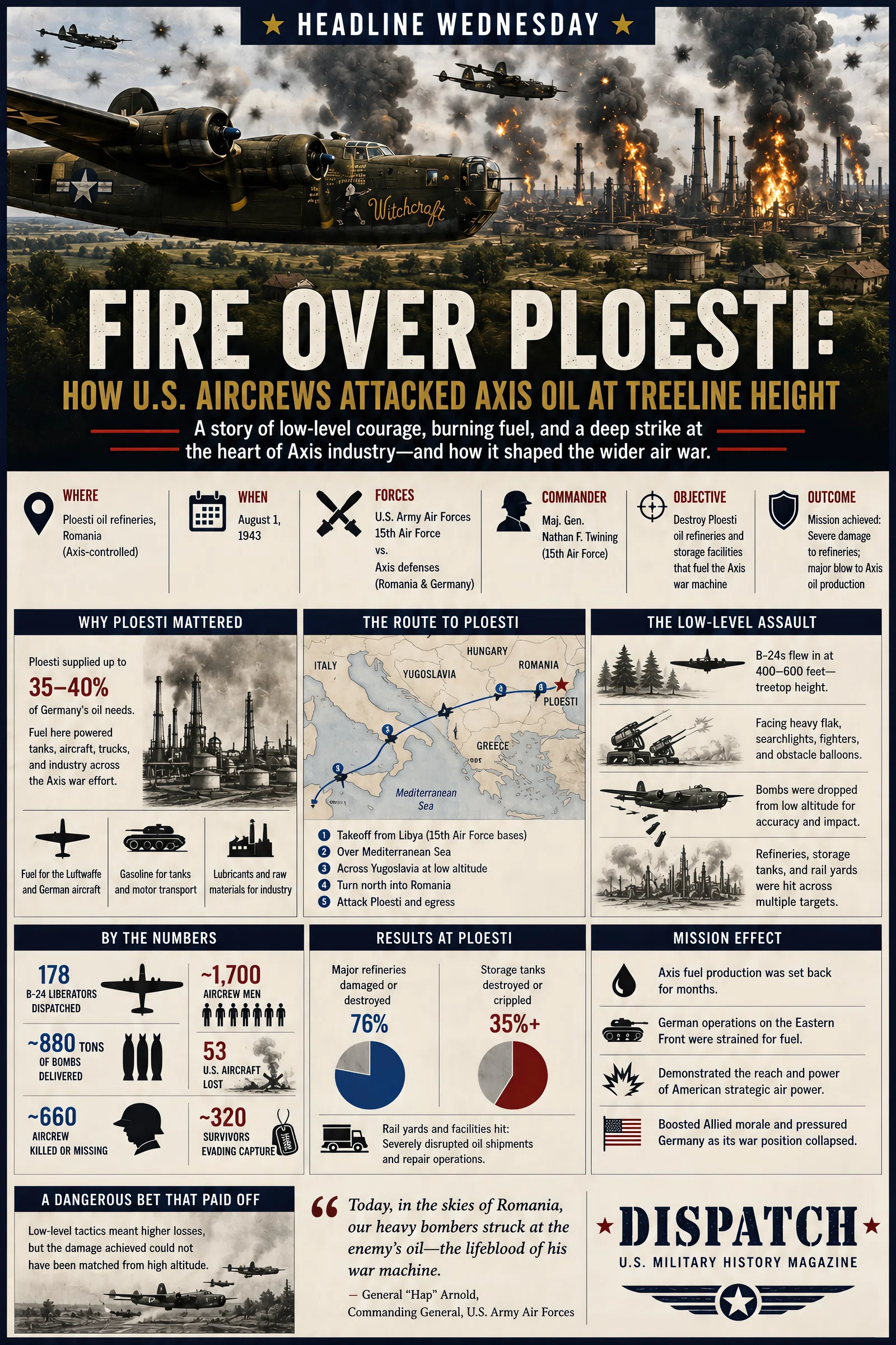 Infographic summarizing Fire Over Ploesti: How U.S. Aircrews Attacked Axis Oil at Treeline Height