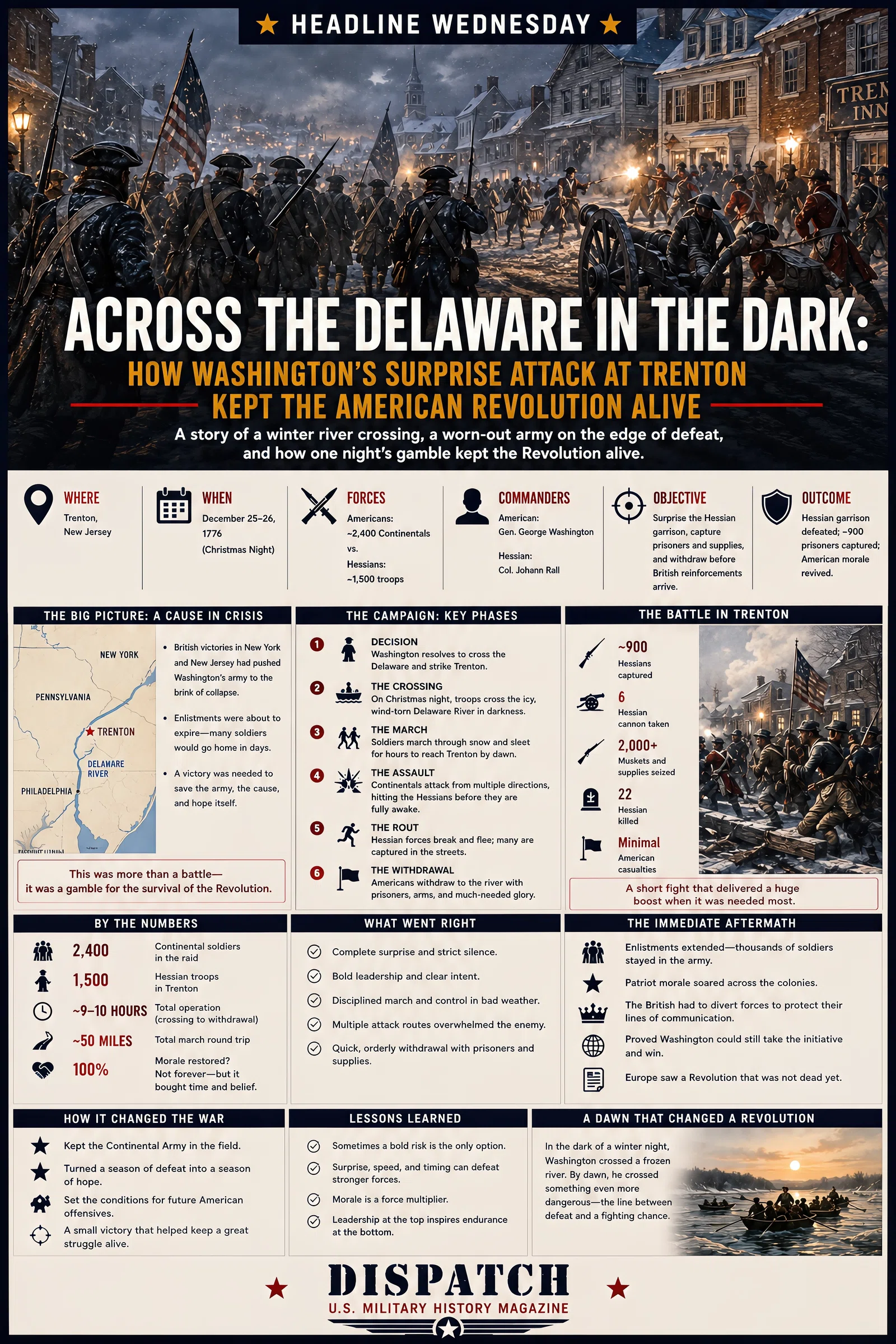 Infographic summarizing Across the Delaware in the Dark: How Washington’s Surprise Attack at Trenton Kept the American Revolution Alive