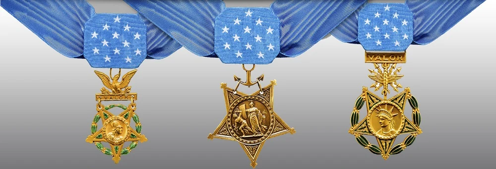 Representative medal image: Army, Navy and Air Force Medal of Honor designs, left to right. Not a portrait or a photograph of this recipient’s own medal.