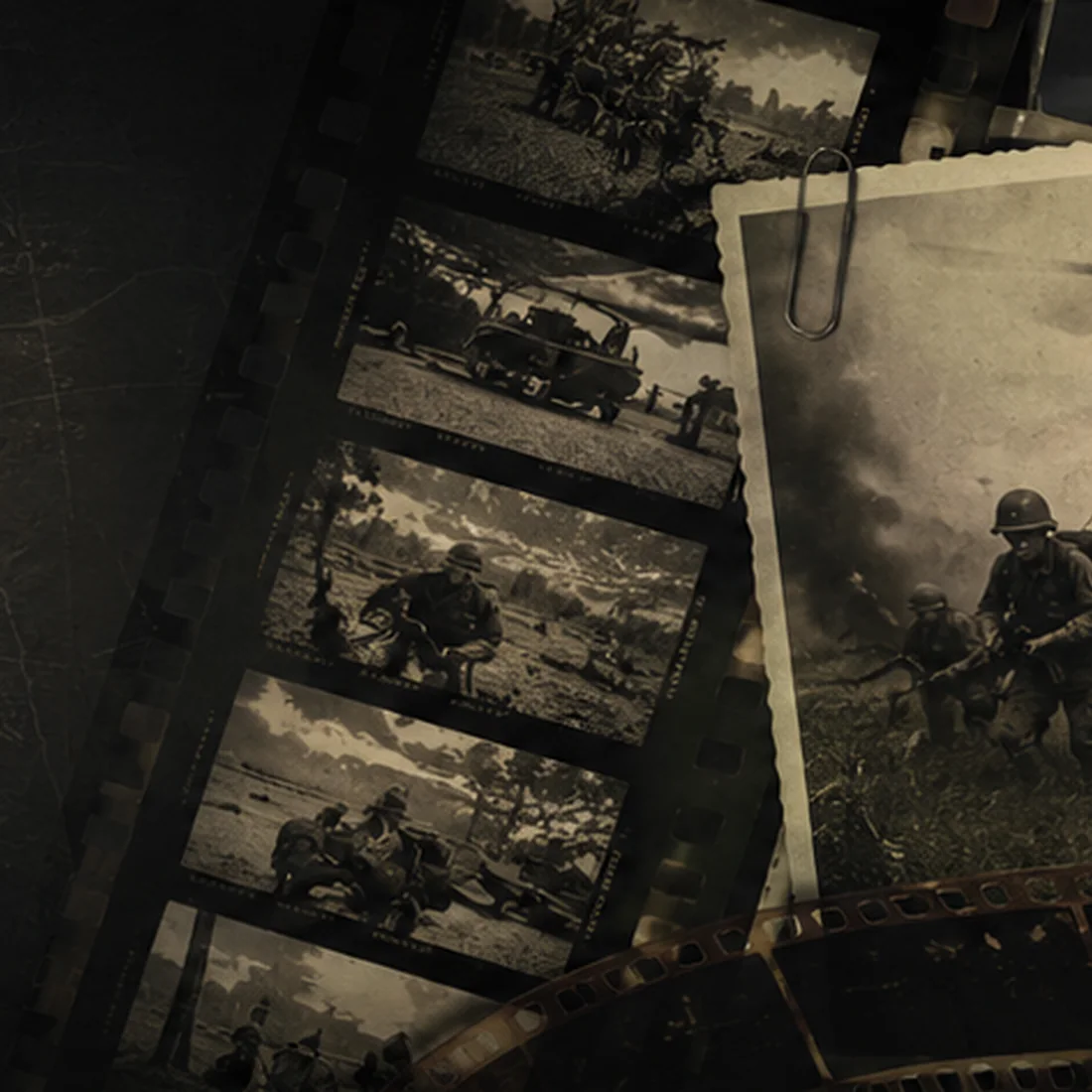 Military photographs arranged as an archival film and print collage